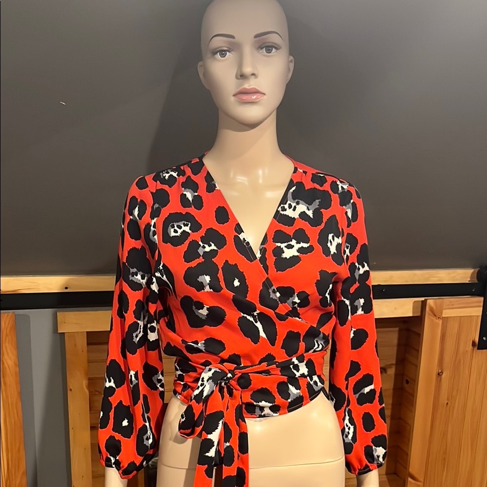 ICONIC London Red and Black Leopard Print Wrap Blouse